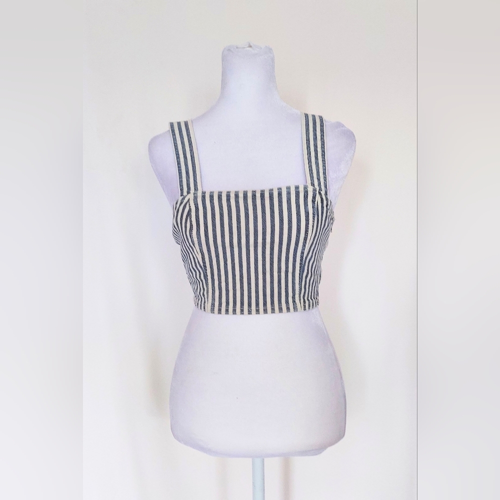 Zara Sleeveless Striped Denim Crop Top Blue White Size XS